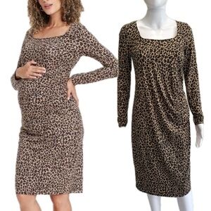 NWT Isabel Maternity Leopard Print Midi Dress Size XS Brown Long Sleeve Bodycon